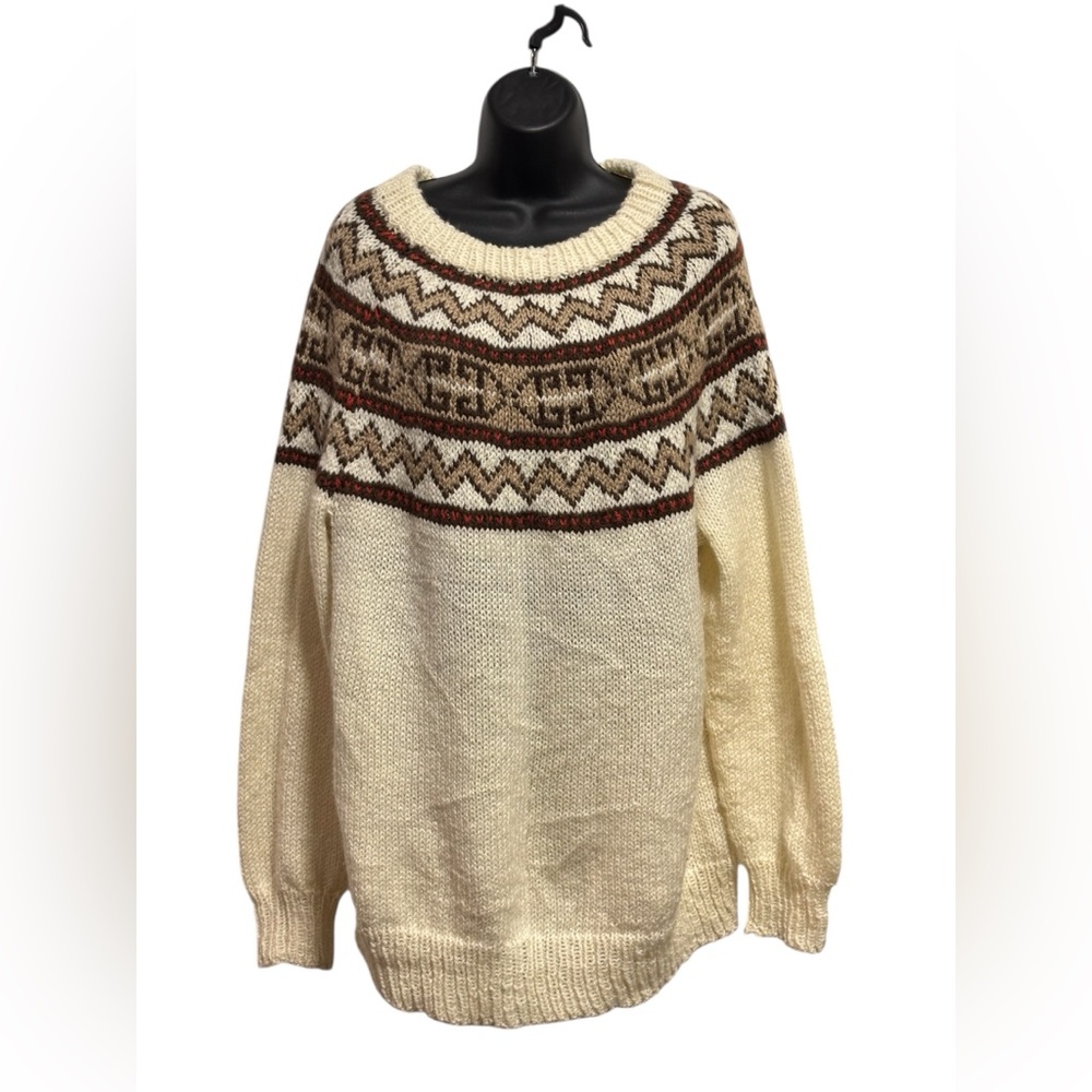 Vintage Handknit Cream and Brown Patterned Sweater